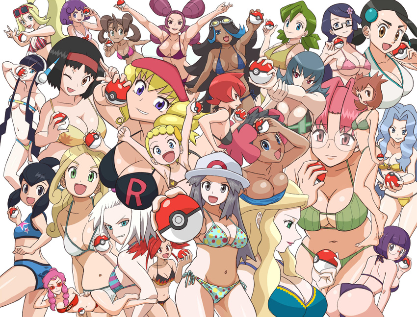 6+girls alternate_hairstyle ass asuna_(pokemon) bikini black_hair blonde_hair blue_(pokemon) blue_eyes breasts brown_eyes brown_hair cabernet_(pokemon) cleavage collarbone dark_skin domino_(pokemon) eileen_(pokemon) elite_four erika_(pokemon) eureka_(pokemon) eyeshadow fuyou_(pokemon) glasses green_eyes green_hair grey_eyes grin gym_leader hair_ornament hat headphones highres holding homika_(pokemon) izumi_(pokemon) izumi_(pokemon)_(remake) kamitsure_(pokemon) kanon_(pokemon) karin_(pokemon) koruni_(pokemon) kurumi_(pokemon) large_breasts lipstick long_hair lying makeup makomo_(pokemon) mars_(pokemon) melissa_(pokemon) micro_bikini midriff miku_(pokemon) multicolored_hair multiple_girls nakaba natsume_(pokemon) navel open_mouth pachira_(pokemon) poke_ball pokemon pokemon_(anime) pokemon_(game) pokemon_bw pokemon_bw2 pokemon_dppt pokemon_frlg pokemon_gsc pokemon_hgss pokemon_oras pokemon_rgby pokemon_rse pokemon_xy ponytail purple_eyes purple_hair ran_(pokemon) red_eyes red_hair sana_(pokemon) shikimi_(pokemon) short_hair side-tie_bikini silver_hair simple_background small_breasts smile sunglasses sunglasses_on_head suzuna_(pokemon) swimsuit team_aqua team_galactic team_rocket very_long_hair viola_(pokemon) white_hair wink