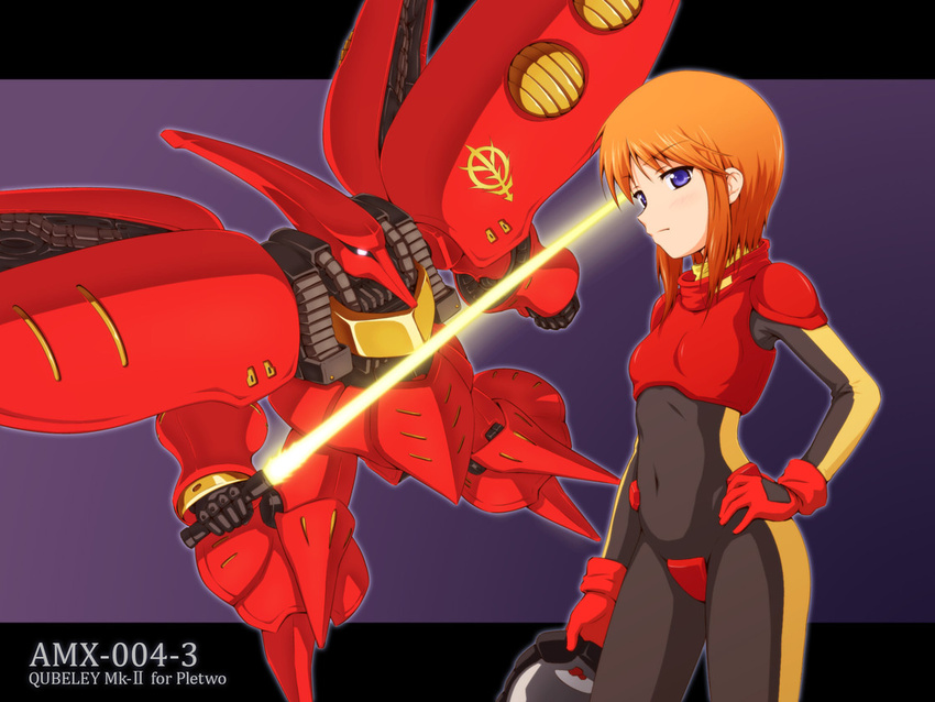 1girl bangs character_name clothed_navel energy_sword gundam gundam_zz hand_on_hip helmet holding mecha orange_hair pilot_suit purple_eyes puru_two qubeley qubeley_mk_ii short_hair sword weapon ymmryso_(mashita) zeon