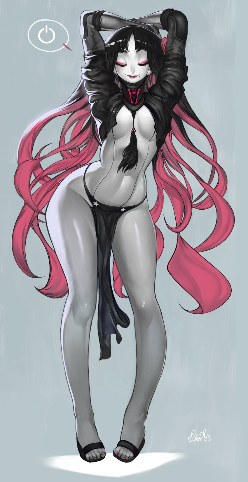 1girl arms_behind_head arms_up black_hair eyes_closed eyeshadow hector_enrique_sevilla_lujan lipstick long_hair makeup mole mole_under_mouth nail_polish navel original pelvic_curtain pink_hair sandals solo stomach two-tone_hair very_long_hair