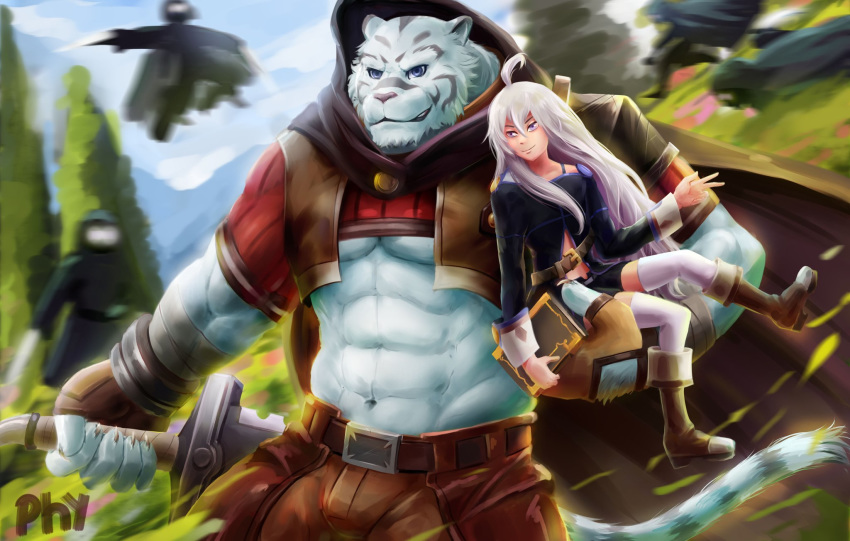 2019 abs anthro biceps blue_eyes clothed clothing felid female fur grimoire_of_zero hair hi_res human male mammal mercenary_(character) muscular muscular_male pantherine pecs physen stripes tiger white_fur zero_(grimoire_of_zero)
