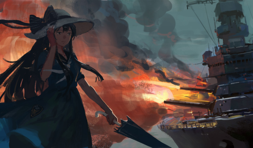 1girl black_hair blue_dress dress firing hat iowa_(pacific) jeanex long_hair object_namesake pacific sailor_dress sun_hat umbrella uss_iowa_(bb-61) white_hat