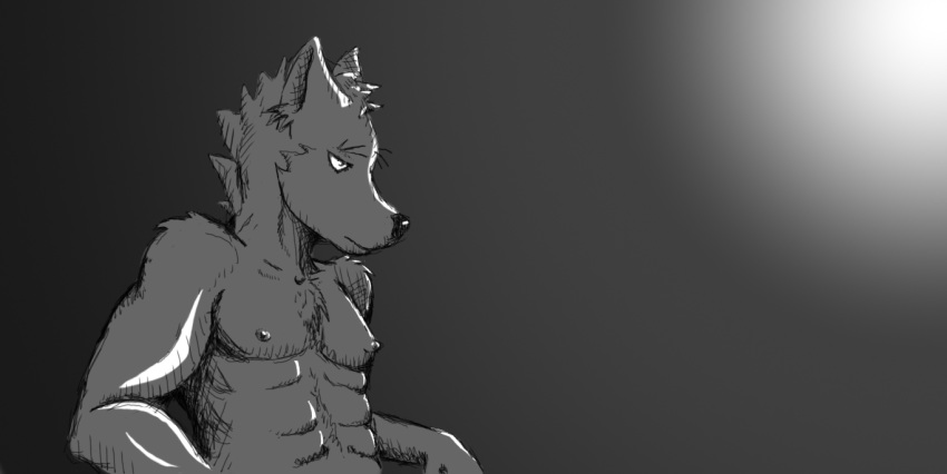 anthro athletic black_and_white canid canine canis fur hatched_shading hi_res invalid_tag iseaid lazy male mammal monochrome nipples nude portrait sharp_ears sketch skinny solo wolf