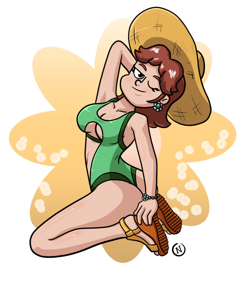 1girl ;) ass bare_arms bare_legs big_breasts bikini breasts brown_hair cleavage daisy earrings flower flower_earrings full_body green_bikini green_swimsuit high_heels highres jewelry kneeling legs looking_at_viewer mario_(series) nintendo one-piece_swimsuit one_eye_closed princess_daisy short_hair smile solo super_mario_bros swimsuit underboob wedge_heels wink