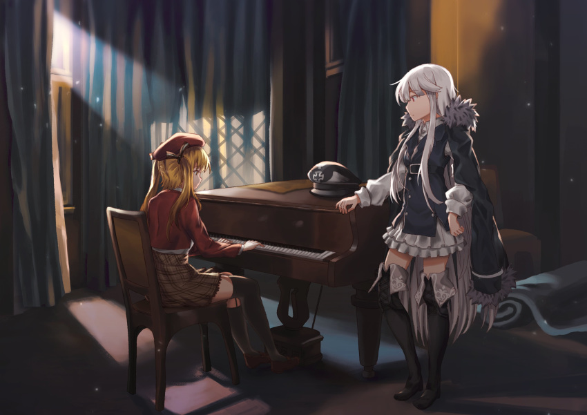 2girls absurdres artist_request beret blonde_hair boots girls_frontline hat highres instrument iron_cross kar98k_(girls_frontline) military military_uniform multiple_girls music parody peaked_cap piano playing_instrument sten_mk2_(girls_frontline) the_pianist thighhighs uniform wehrmacht white_hair