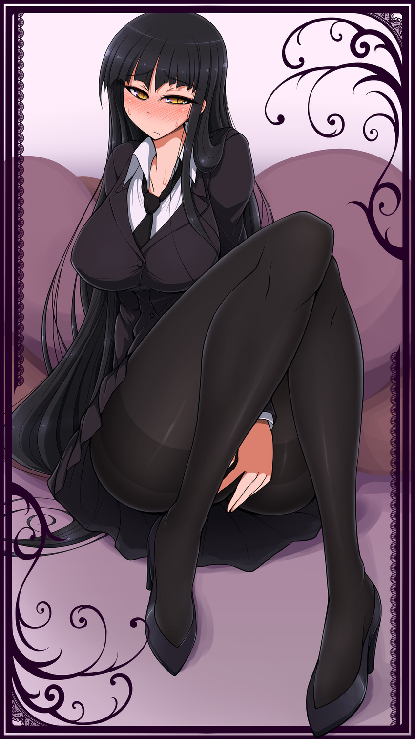 1girl black_hair breasts female_protagonist_(houkago_play) high_heels houkago_play huge_breasts pantyhose ponpo solo tagme