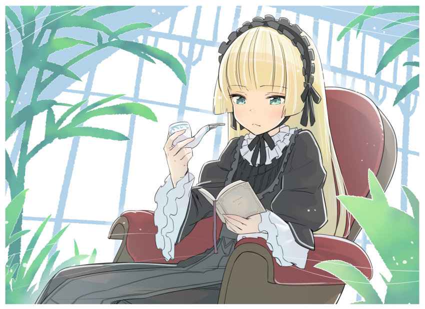 blonde_hair book dress gosick goth-loli green_eyes headphones kawayabug lolita_fashion long_hair smoking victorique_de_broix