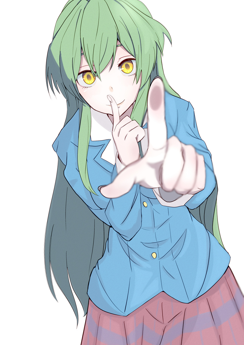 absurdres blurry collared_shirt cowboy_shot depth_of_field finger_to_mouth foreshortening green_hair highres index_finger_raised jitsu_wa_watashi_wa long_hair looking_at_viewer nemaki school_uniform shiragami_youko shirt shushing skirt smile solo white_background