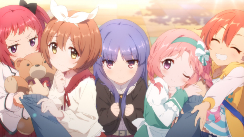 5girls akane_mimi belt blush braid brown_hair casual collarbone eyes_closed grin hair_ornament hair_ribbon hairclip headband highres hikawa_kyoka hodaka_misogi hojo_ayane jacket kuribayashi_kurumi lens_flare long_hair looking_at_viewer multiple_girls official_art one_eye_closed orange_hair pink_hair pout pov pov_hands princess_connect! princess_connect!_re:dive purple_eyes purple_hair red_hair ribbon school_uniform short_hair smile sparkle stuffed_animal stuffed_toy tears teddy_bear tucking twin_braids twintails