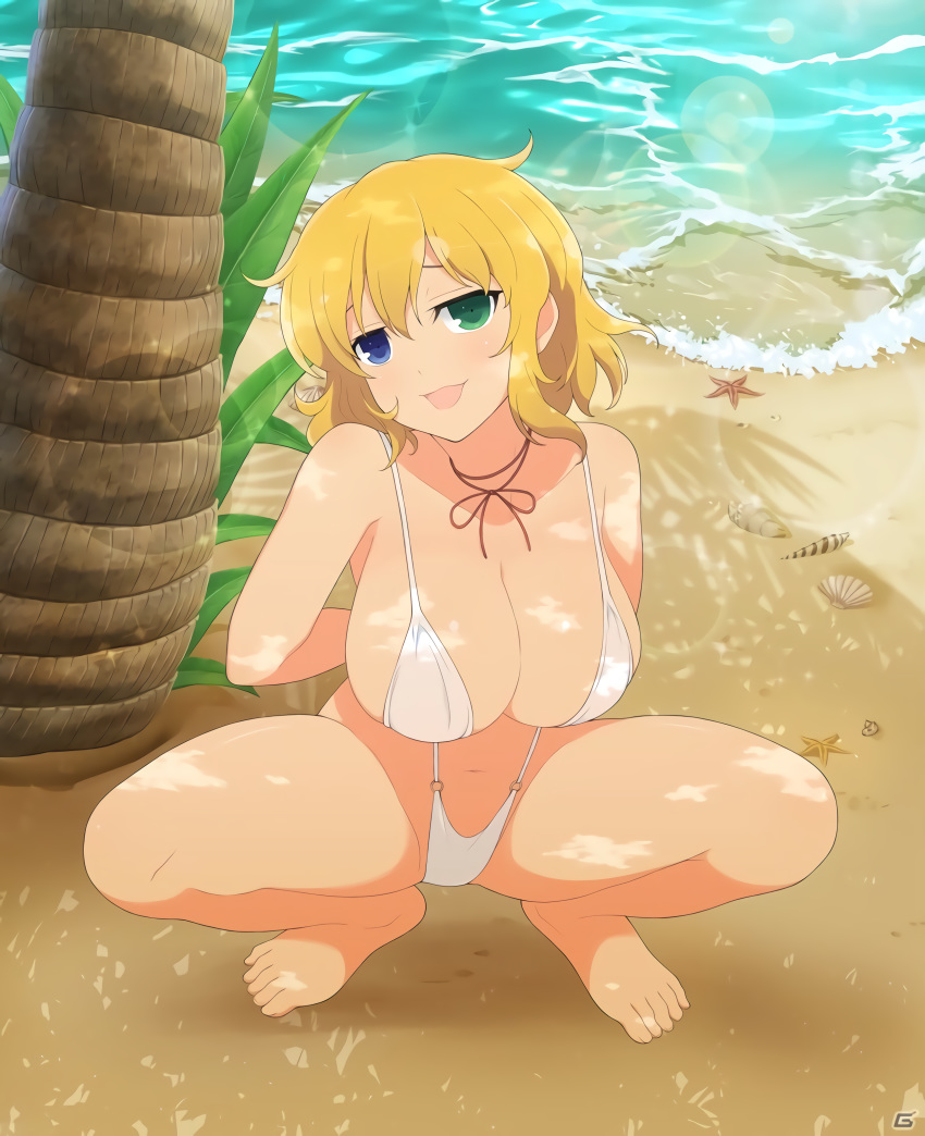 10s 1girl absurdres arms_behind_back barefoot beach blonde_hair blue_eyes blush breasts cleavage coconut_tree curvy dappled_sunlight female green_eyes heterochromia highres large_breasts lens_flare looking_at_viewer naughty_face o-ring o-ring_swimsuit outdoors palm_tree ryouna_(senran_kagura) seashell senran_kagura shade shell shiny shiny_skin short_hair sideboob slingshot_swimsuit smile solo squatting starfish sunlight swimsuit tagme tree white_swimsuit