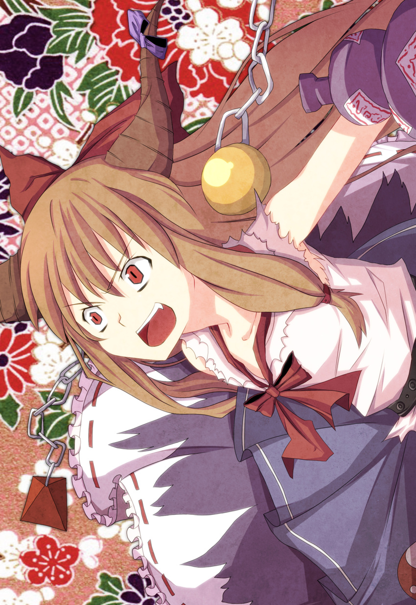 alcohol angry bad_id bad_pixiv_id blonde_hair bow chain dress hair_bow highres horns ibuki_suika long_hair open_mouth red_eyes sake solo togattatume touhou