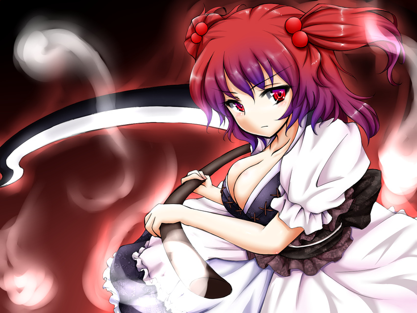 breasts cleavage hair_bobbles hair_ornament highres large_breasts mikage_kirino onozuka_komachi red_eyes red_hair scythe short_hair solo touhou two_side_up