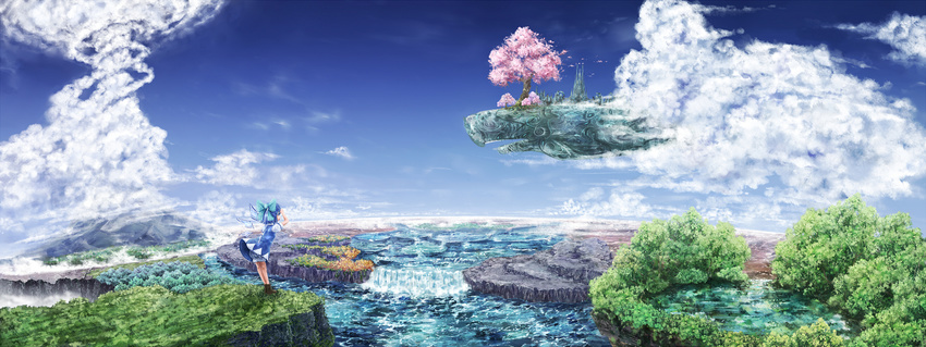 bloomers cherry_blossoms cirno cloud day flying_whale fog forest gensoukyou highres landscape mountain nature saigyou_ayakashi same_2009 scenery sky solo touhou underwear water waterfall whale