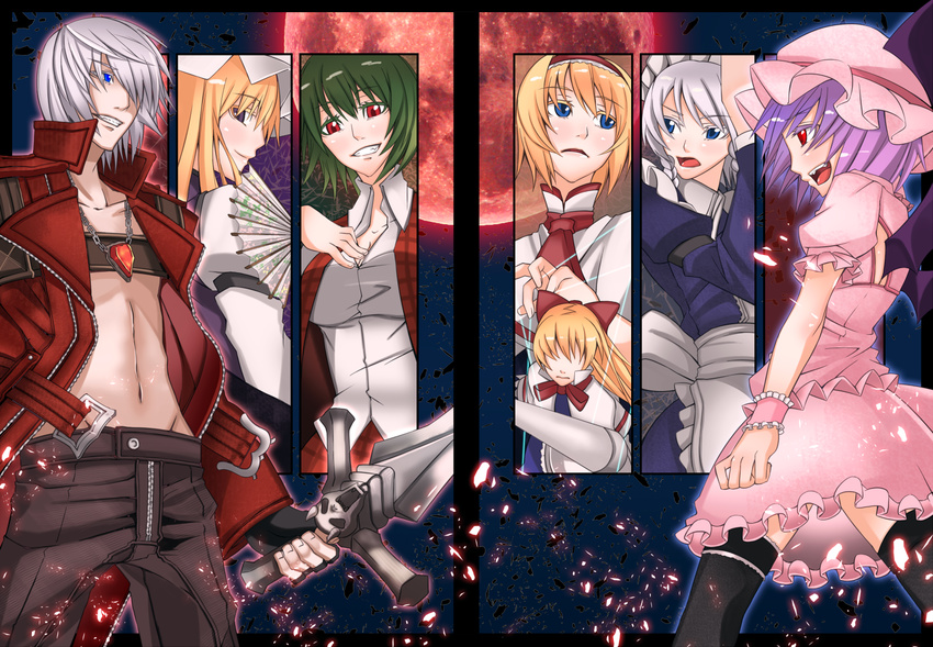 5girls alice_margatroid bad_id bad_pixiv_id bat_wings black_legwear breasts crossover dante_(devil_may_cry) devil_may_cry error fan grin hand_on_own_chest hat izayoi_sakuya kazami_yuuka lance moon multiple_girls open_clothes plaid plaid_vest polearm puppet_strings rebellion_(sword) red_moon remilia_scarlet shanghai_doll sideways_mouth small_breasts smile sword thighhighs torizousui touhou vest weapon wings yakumo_yukari