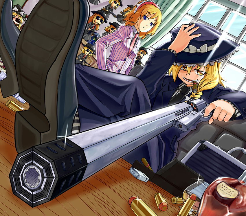 alice_margatroid alternate_costume bad_proportions blonde_hair blue_eyes bottle braid cigar cognac commentary_request contemporary curtains doll feet_on_table formal gangster gun hair_ribbon hairband handgun hat highres kirisame_marisa lighter mafia matching_shanghai mima mini-hakkero multiple_girls necktie pant_suit revolver ribbon seiryouinryousui shanghai_doll shoes short_hair sitting smile submachine_gun suit touhou weapon window witch_hat yellow_eyes yukkuri_shiteitte_ne