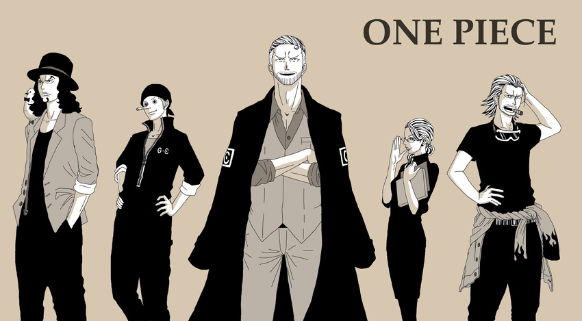 1girl 4boys copyright_name hat hattori_(one_piece) iceburg jacket_on_shoulders kaku_(one_piece) kalifa monochrome multiple_boys one_piece paulie pigeon rob_lucci suit top_hat water_7