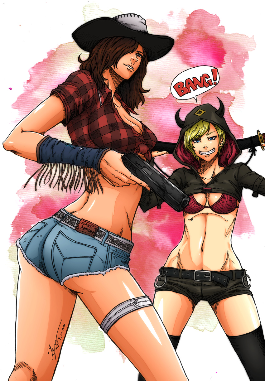 2girls alternate_costume ass blonde_hair blue_eyes bra breasts brown_hair claire_redfield cleavage cowboy_hat denim denim_shorts english from_behind grin gun hair_over_one_eye hat hood jacket katana large_breasts long_hair looking_at_viewer looking_back moira_burton mound_of_venus multiple_girls resident_evil resident_evil_revelations_2 sheathed shiny shiny_skin short_hair short_shorts shorts smile speech_bubble sword thigh_strap thighhighs tryvor underwear weapon western