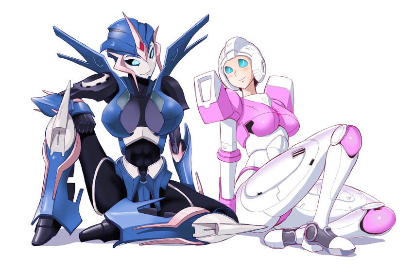 2girls arcee blue_eyes blush breasts dual_persona kamitsuki_manmaru multiple_girls robot simple_background sitting smile transformers transformers_prime