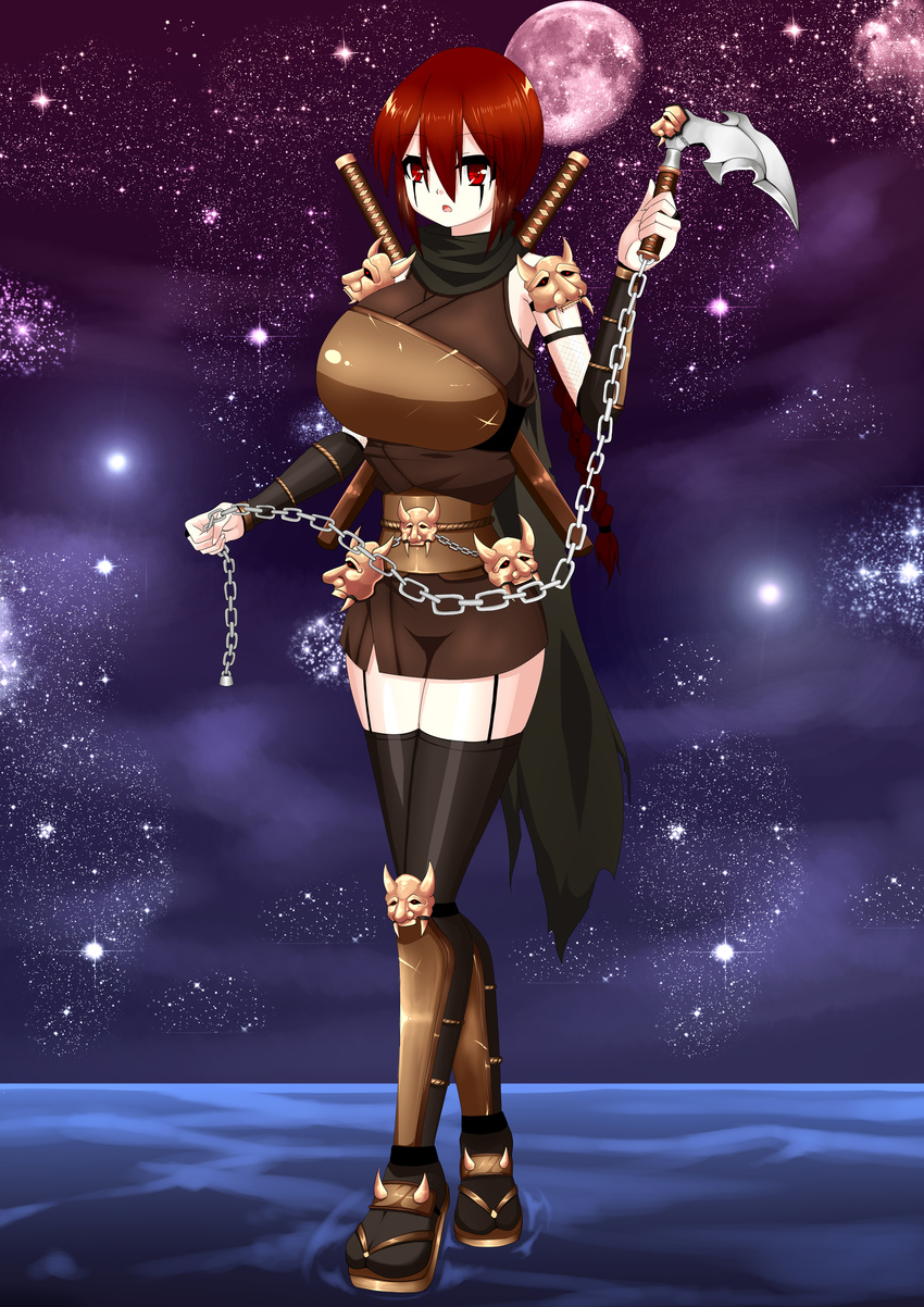 1girl breasts brown_hair female huge_breasts impossible_clothes impossible_shirt kunoichi long_hair ninja oni red_eyes red_hair sandals shirt shoes solo thighhighs tsukigami_sakiko weapon