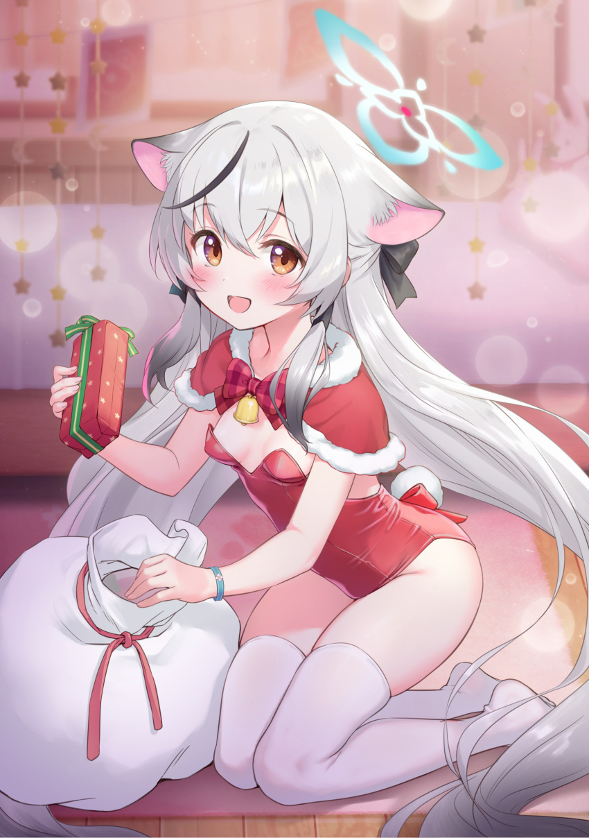 1girl absurdres animal_ears black_hair blue_archive blush box breasts brown_eyes capelet christmas commentary_request decorations fake_tail fubuki_rinne fur-trimmed_capelet fur_trim gift gift_box grey_hair halo highres holding holding_gift kneeling kokona_(blue_archive) leotard long_hair looking_at_viewer multicolored_hair open_mouth rabbit_tail red_capelet red_leotard sack small_breasts smile solo streaked_hair tail thighhighs tiger_ears tiger_girl very_long_hair white_thighhighs