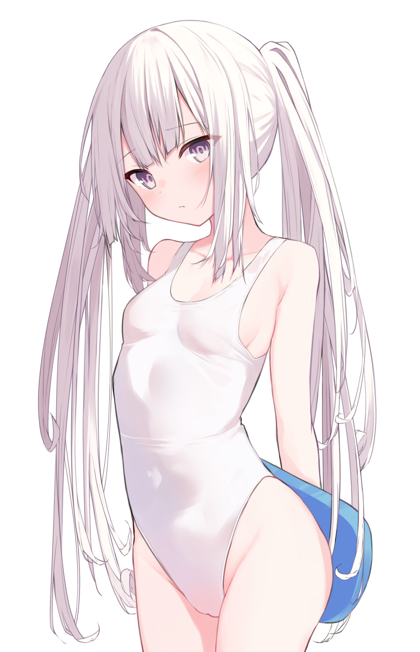 1girl absurdres arms_behind_back bare_arms bare_shoulders blush breasts closed_mouth collarbone commentary_request groin highres kickboard long_hair looking_at_viewer memekko one-piece_swimsuit original purple_eyes sidelocks simple_background small_breasts solo swimsuit twintails very_long_hair white_background white_hair white_one-piece_swimsuit