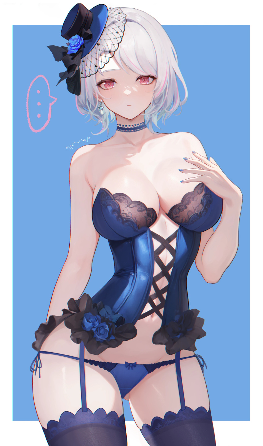 ... 1girl absurdres bare_arms bare_shoulders black_bow blue_background blue_bustier blue_choker blue_flower blue_nails blue_panties blue_rose blue_thighhighs border bow breasts bustier choker closed_mouth collarbone cowboy_shot earrings eoe floralmi flower garter_straps grey_hair hand_up hat hat_bow hat_flower highres jewelry kaomoji lace lace-trimmed_thighhighs lace-up_top lace_choker large_breasts looking_at_viewer mini_hat navel outside_border panties purple_eyes rose short_hair side-tie_panties solo spoken_ellipsis star_(symbol) star_earrings thighhighs tilted_headwear underwear virtual_youtuber white_border you'en_(eoe)