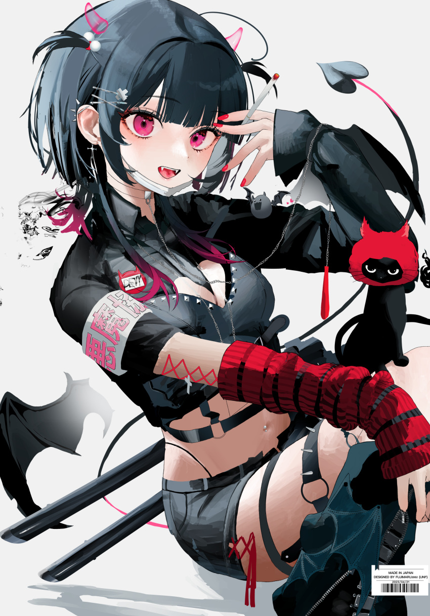 1girl absurdres aoishi_pachira armband asymmetrical_sleeves barcode bat_wings between_breasts black_hair blunt_bangs blush breasts choker cigarette cleavage crop_top cross cross_earrings demon_girl demon_horns demon_tail ear_piercing earrings fangs gradient_hair hair_bobbles hair_ornament hairclip hand_up highres holding holding_cigarette horns industrial_piercing jewelry leg_warmers long_hair long_sleeves looking_at_viewer midriff multicolored_hair multiple_piercings nail_polish name_tag navel navel_piercing necktie open_mouth original panty_straps piercing pink_eyes pink_hair popped_collar short_sleeves shorts sidelocks smile smoking solo spiked_thighlet striped_arm_warmers studded tail thigh_strap translation_request two_side_up winged_clothes wings x_hair_ornament