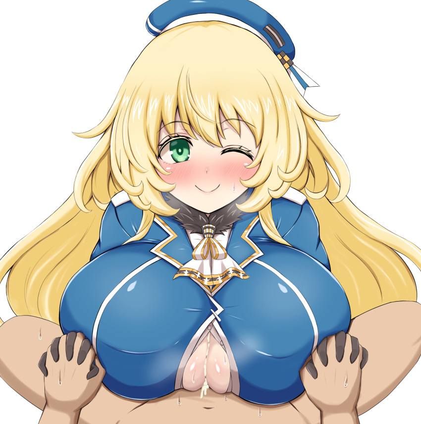 1boy 1girl ascot atago_(kancolle) beret black_gloves blonde_hair blue_headwear blush breasts closed_mouth cum cum_on_body cum_on_breasts gloves green_eyes hat highres holding_hands kantai_collection kyu_horn large_breasts long_hair looking_at_viewer military_uniform one_eye_closed paizuri paizuri_under_clothes pov smile solo_focus textless_version uniform
