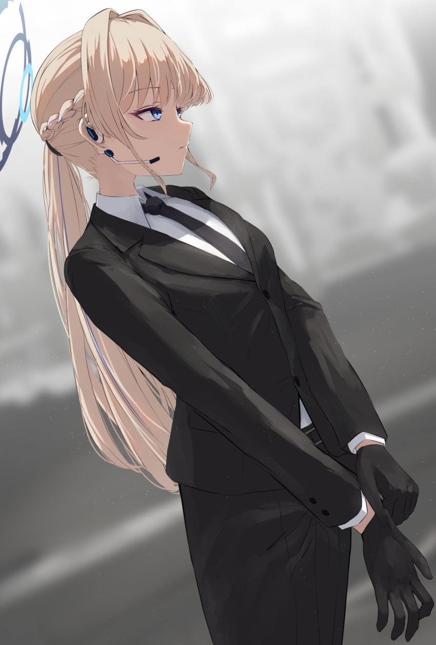1girl adjusting_clothes adjusting_gloves alternate_costume alternate_hairstyle black_gloves black_necktie black_suit blonde_hair blue_archive blue_eyes blurry blurry_background braid business_suit closed_mouth collared_shirt earpiece formal french_braid from_side gloves halo highres long_hair long_sleeves necktie ponytail shirt silver_bullet_(ecc12_8) solo suit toki_(blue_archive) white_shirt