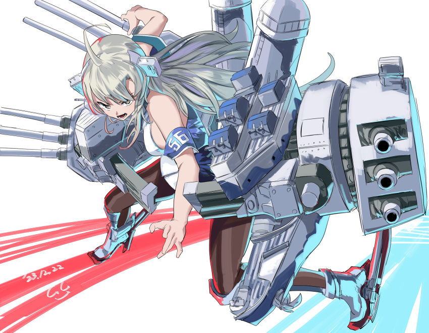 1girl adapted_turret ahoge anti-aircraft anti-aircraft_gun blush breasts cannon dated gegeron grey_eyes grey_hair hair_between_eyes headgear highres kantai_collection large_breasts long_hair machinery necktie open_mouth pantyhose rigging rudder_footwear shirt signature skirt sleeveless sleeveless_shirt smokestack solo turret washington_(kancolle) white_background white_shirt