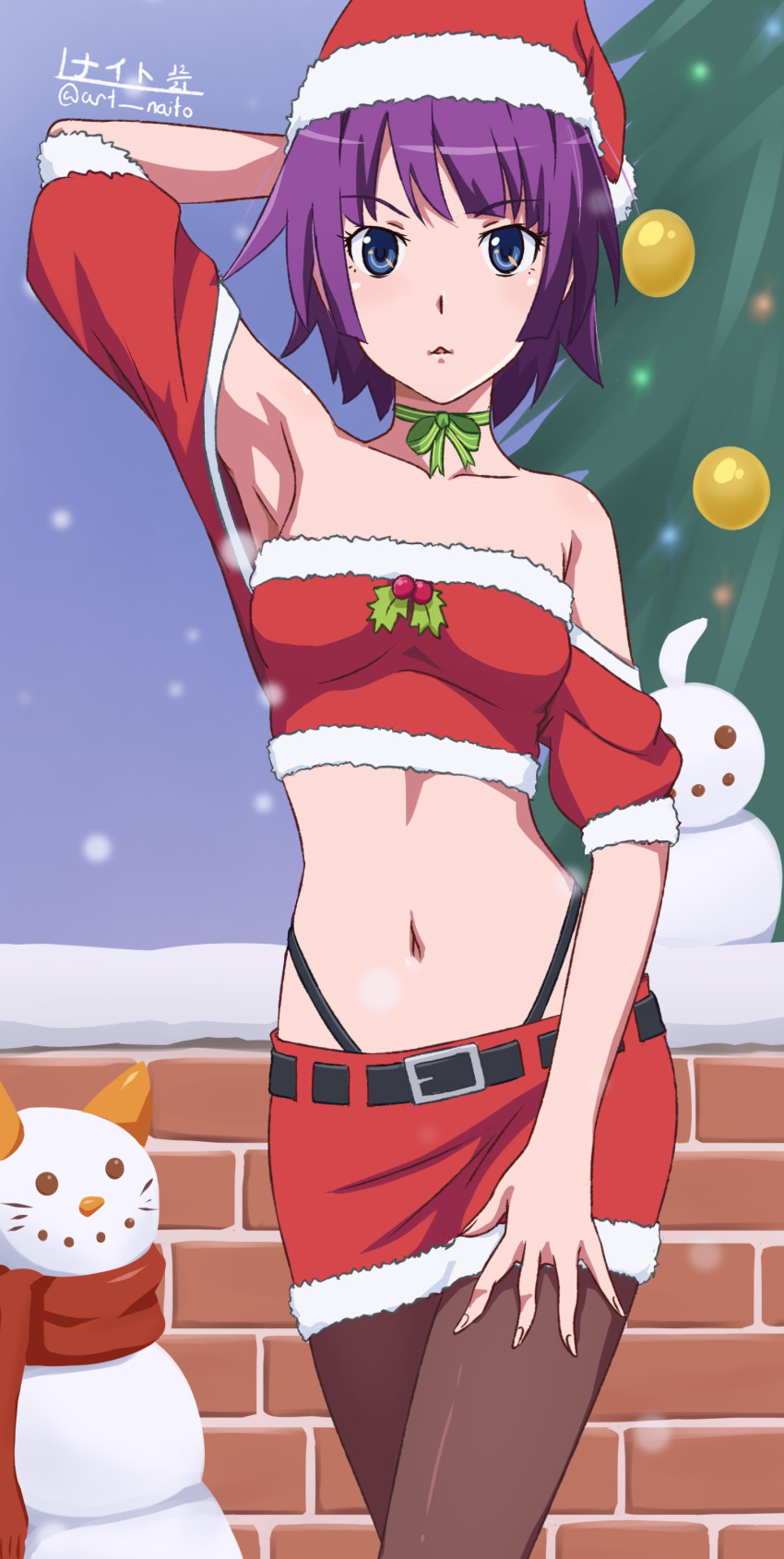 1girl absurdres alternate_costume araragi_koyomi arm_up armpit_crease armpits artist_name belt black_belt blue_eyes blunt_ends breasts brick_wall brown_pantyhose choker christmas_tree collarbone cowboy_shot fur-trimmed_shirt fur-trimmed_skirt fur_trim green_choker hand_on_own_thigh hat highleg highleg_panties highres impossible_clothes looking_at_viewer medium_breasts midriff miniskirt mistletoe monogatari_(series) navel nightstark off-shoulder_shirt off_shoulder panties pantyhose parted_lips purple_hair red_shirt red_skirt santa_costume santa_hat senjougahara_hitagi shirt short_hair skirt snow snowman solo twitter_username underwear