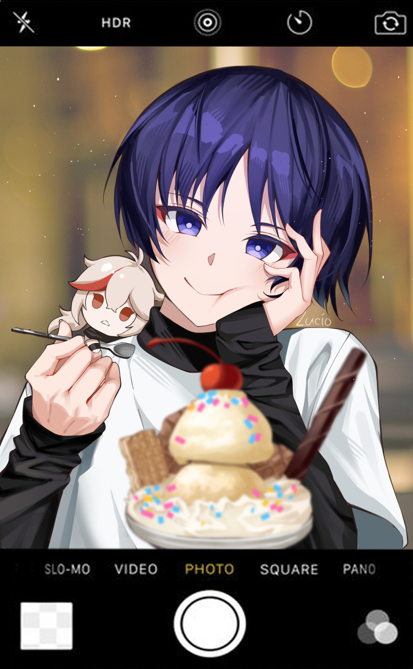 1boy absurdres blue_eyes blue_hair blurry blurry_background blurry_foreground blush character_doll cherry eyeshadow fake_phone_screenshot fake_screenshot food fruit genshin_impact hand_on_own_cheek hand_on_own_face head_on_hand head_rest highres holding holding_spoon ice_cream kaedehara_kazuha layered_sleeves light_particles long_sleeves looking_at_viewer lucio_(lucioooo38) makeup male_focus red_eyeshadow scaramouche_(genshin_impact) short_hair short_over_long_sleeves short_sleeves smile solo spoon sundae upper_body wafer_stick wanderer_(genshin_impact)