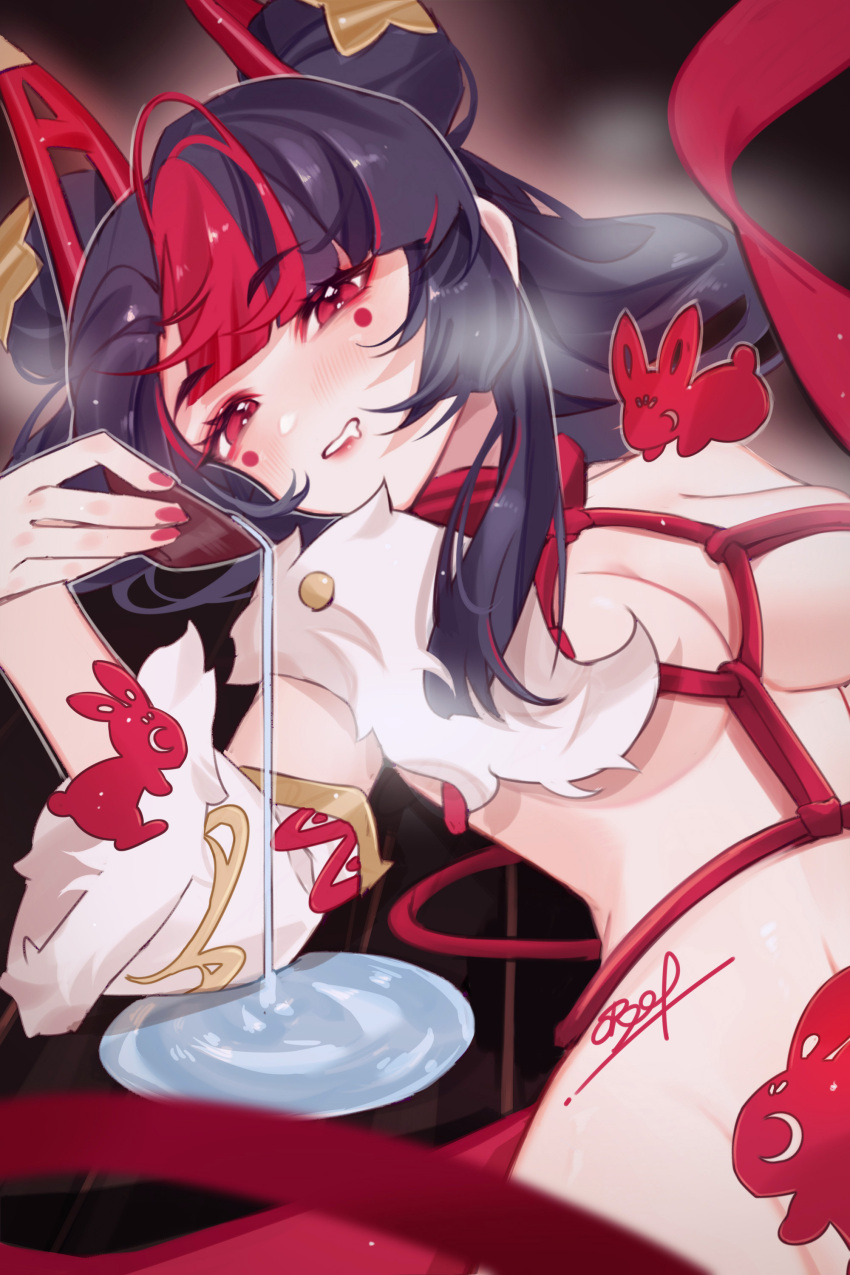 1girl absurdres black_hair blush breasts double_bun gwen_(league_of_legends) hair_bun hand_up highres league_of_legends long_hair looking_at_viewer lying medium_breasts mole mole_under_eye multicolored_hair mythmaker_gwen on_back rabbit red_eyes red_hair signature solo teeth thedistantdawn two-tone_hair water