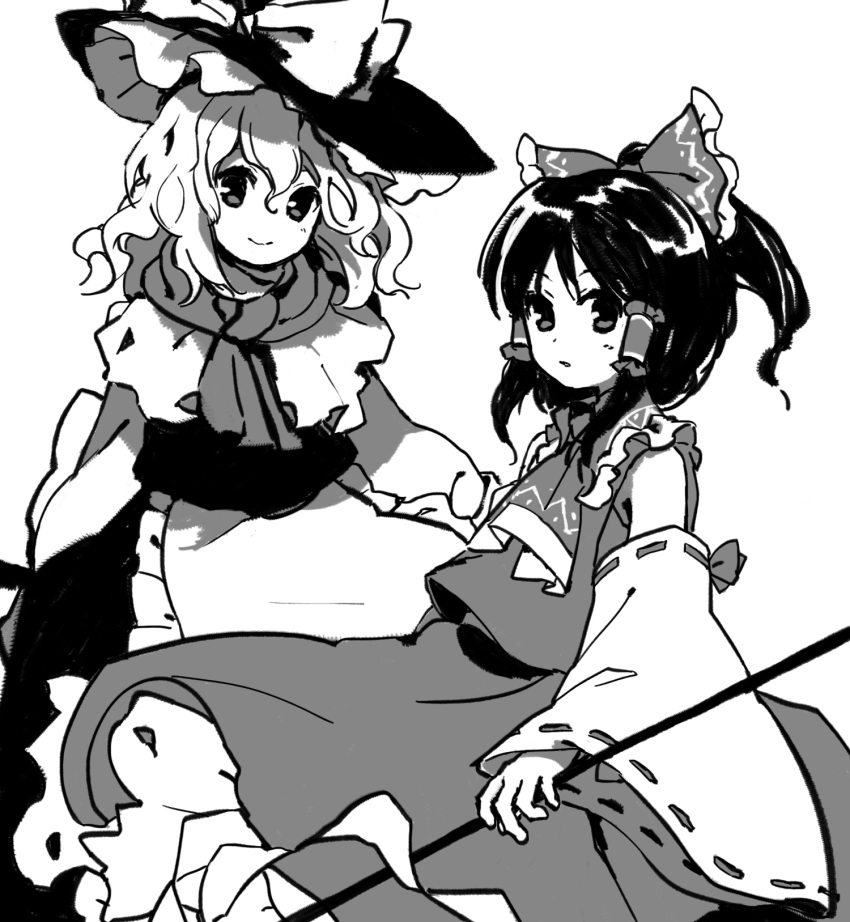 2girls apron ascot bow closed_mouth collared_shirt commentary_request detached_sleeves flat_chest frilled_apron frilled_bow frilled_hat frilled_shirt_collar frills gohei greyscale hair_bow hakurei_reimu hat hat_bow highres holding holding_gohei kaigen_1025 kirisame_marisa long_sleeves medium_hair monochrome multiple_girls parted_lips perfect_cherry_blossom petticoat ribbon-trimmed_sleeves ribbon_trim shirt simple_background skirt sleeveless sleeveless_shirt smile touhou vest waist_apron wavy_hair white_background