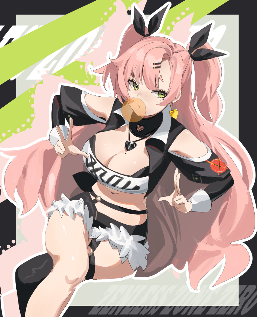 1girl absurdres bare_shoulders black_ribbon blush breasts bubble_blowing chewing_gum cleavage collared_jacket detached_sleeves green_eyes hair_ornament hair_ribbon hairclip highres jacket large_breasts long_hair looking_to_the_side miaooon mole mole_on_breast mole_under_eye navel nicole_demara pink_hair ribbon short_shorts shorts solo strapless thighs two_side_up zenless_zone_zero