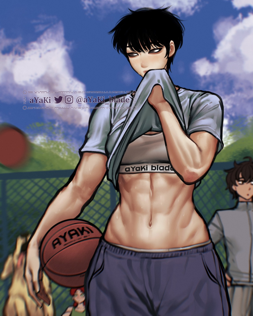 1boy 2girls abs artist_name ayaki_d ball basketball_(object) black_hair blue_sky breasts brown_eyes cloud commentary dog english_commentary fence green_eyes green_tank_top grey_jacket grey_sports_bra highres holding holding_ball jacket medium_breasts mixed-language_commentary motion_blur multiple_girls navel original red-haired_girl_(ayaki) red_hair shirt short_hair sky sports_bra t-shirt tank_top tomoka_(ayaki) toned track_jacket twitter_username watermark wiping_sweat