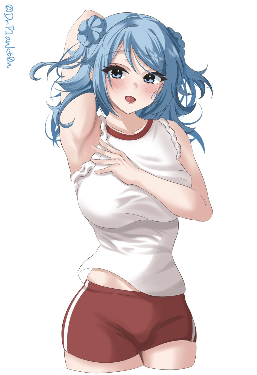 1girl blue_eyes blue_hair blush breasts cowboy_shot double_bun dr.plankton gym_shirt gym_shorts gym_uniform hair_bun highres kantai_collection large_breasts looking_at_viewer medium_hair open_mouth shirt short_sleeves shorts simple_background sleeves_rolled_up smile solo twitter_username urakaze_(kancolle) white_background white_shirt