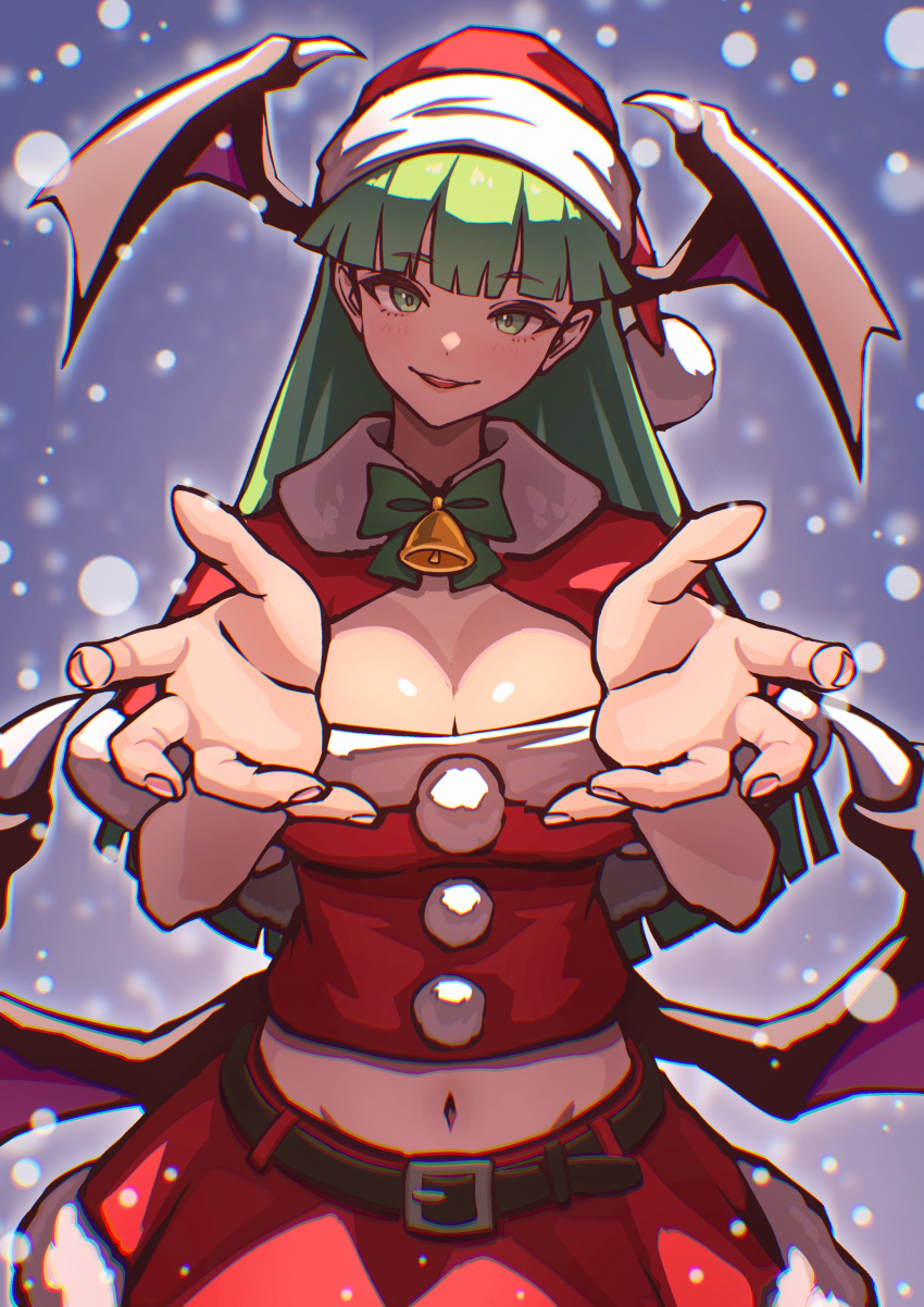 1girl absurdres ap_cammy belt breasts capelet christmas cleavage demon_wings fur-trimmed_skirt fur_trim green_eyes green_hair head_wings highres long_hair looking_at_viewer midriff miniskirt morrigan_aensland navel red_capelet red_shirt red_skirt santa_costume shirt skirt smile snow solo vampire vampire_(game) wings winter