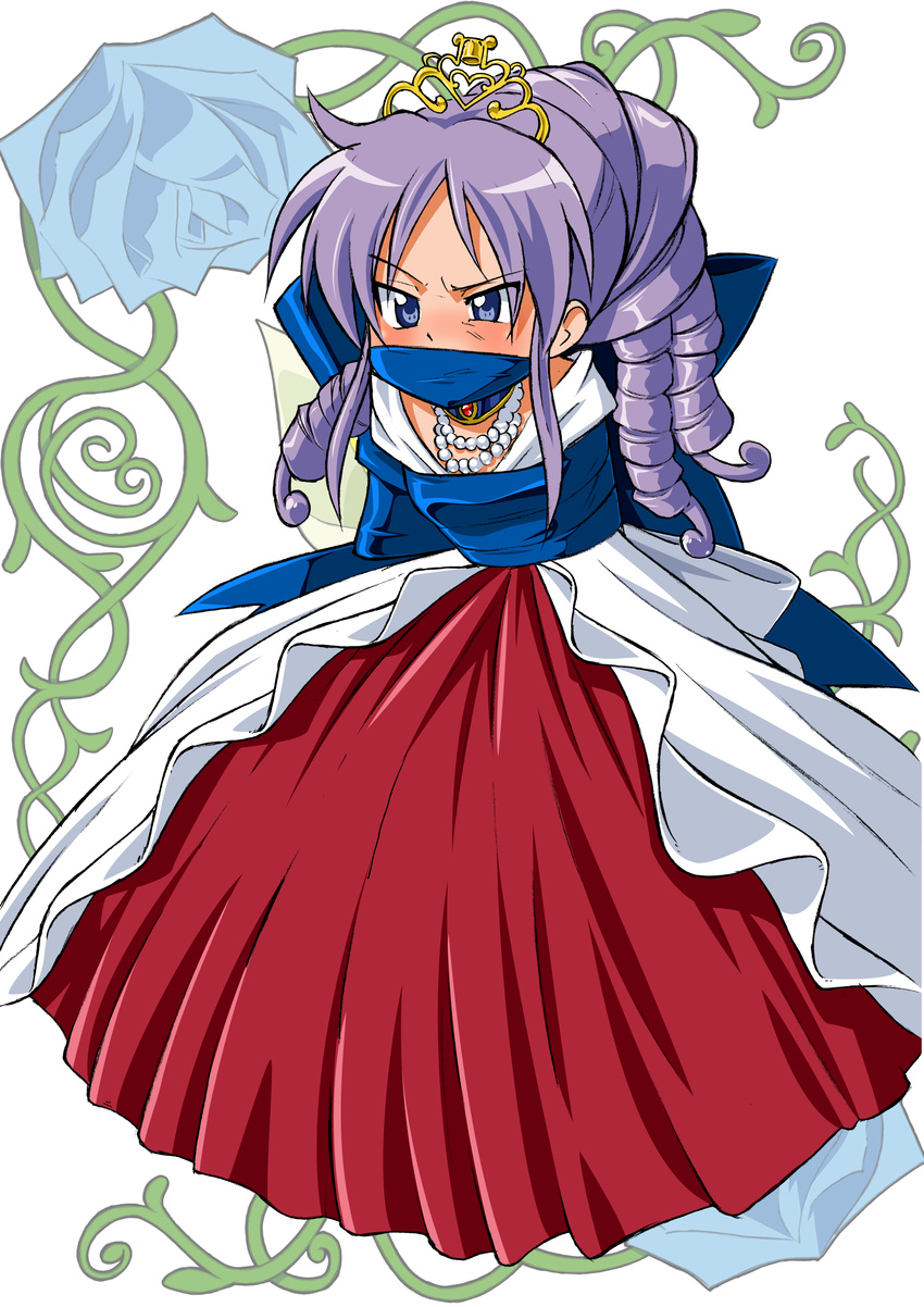 bdsm blue_eyes blush bondage bound choker curly_hair daikinbakuju dress drill_hair floral_background gag gown hiiragi_kagami long_dress lucky_star pearl princess purple_hair ribbon ribbon_bondage rose tiara twintails