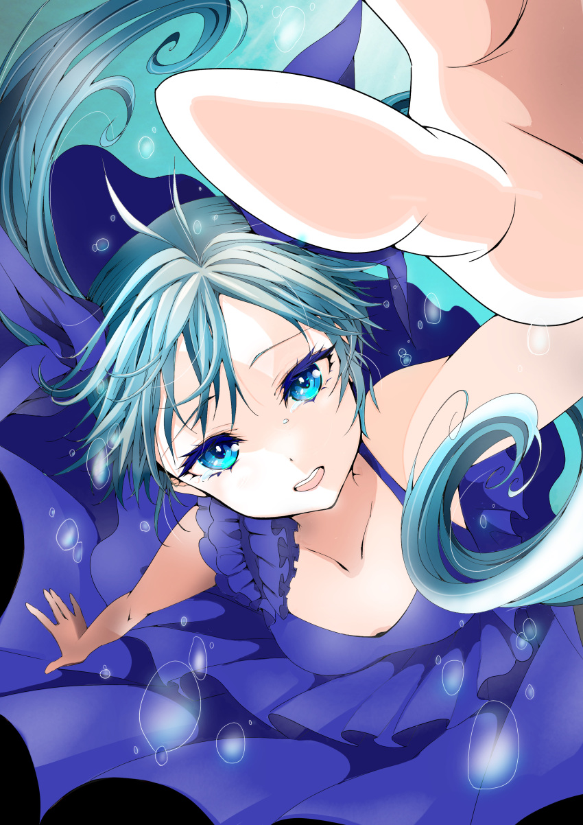 1girl absurdres air_bubble arm_up blue_eyes blue_hair bubble crying dress floating_hair from_above hatsune_miku highres lavie_(cestbonlavie) long_hair looking_at_viewer open_mouth reaching reaching_towards_viewer shinkai_shoujo_(vocaloid) sleeveless sleeveless_dress solo tears twintails underwater very_long_hair vocaloid