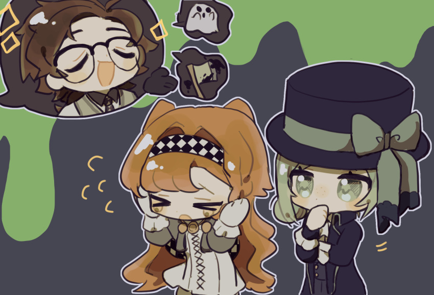 &gt;_&lt; 1boy 2girls black-framed_eyewear bow brown_hair checkered_hairband chibi coat cross cross-laced_clothes cross-laced_dress cross_necklace flag ghost gloves grey_eyes grey_hair hand_in_mouth hands_on_own_cheeks hands_on_own_face hat hat_bow hat_ribbon highres horropedia jewelry long_hair looking_at_another multiple_girls necklace open_mouth orange_hair purple_coat purple_headwear reverse:1999 ribbon scared short_hair sonetto_(reverse:1999) speech_bubble thinking top_hat trembling umimiminn vertin_(reverse:1999) white_gloves