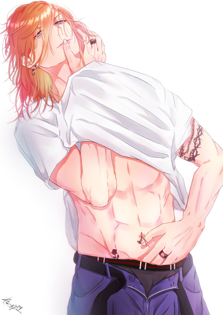 1boy arm_tattoo belt blue_eyes blue_pants character_request closed_mouth clothes_lift copyright_request earrings grey_male_underwear guilty_challenge_(meme) highres jewelry long_hair male_focus male_underwear meme muscular muscular_male navel orange_hair pants rennyuu_ichigo shirt shirt_lift solo stomach tattoo underwear white_shirt