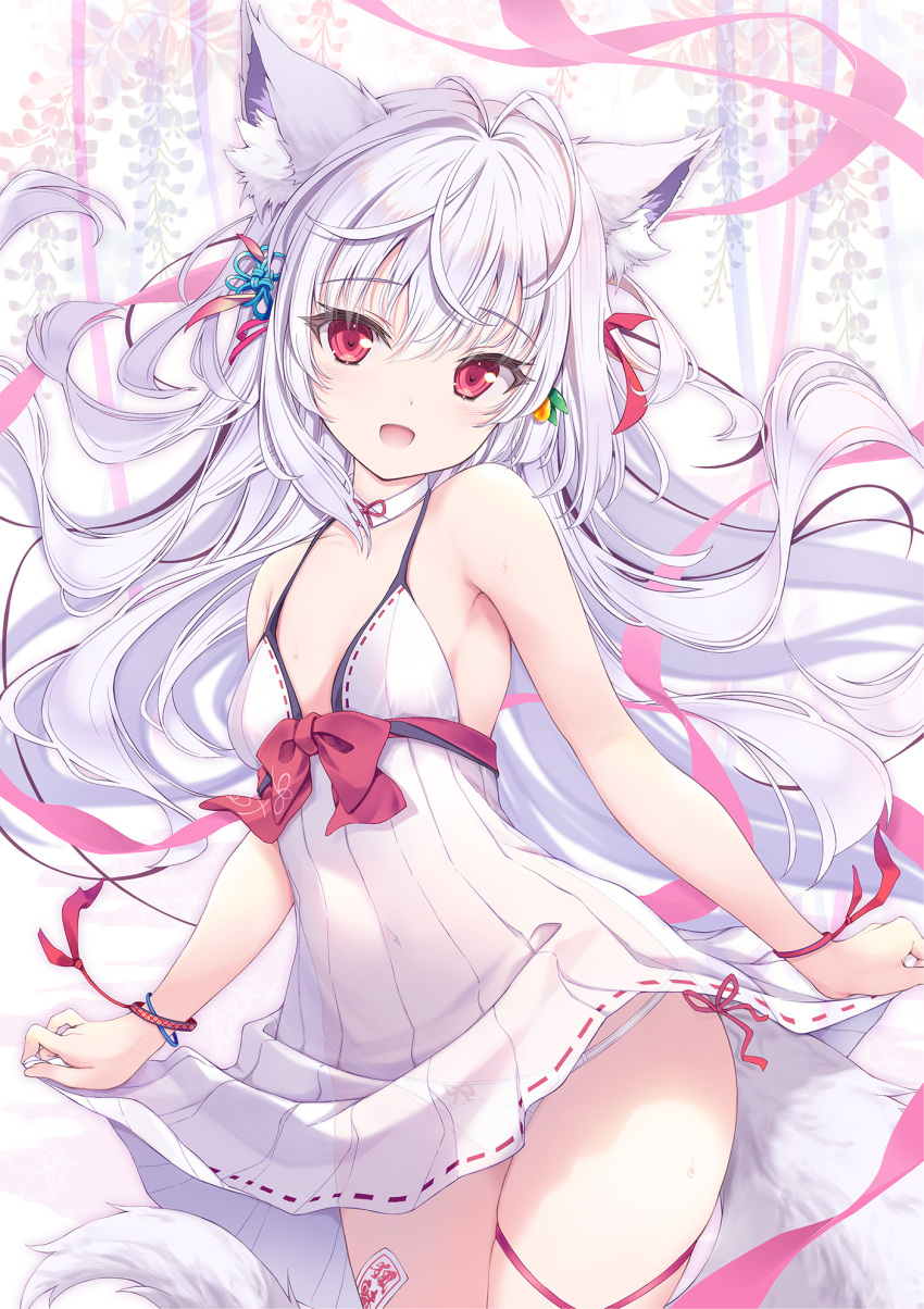 1girl animal_ear_fluff animal_ears antenna_hair bare_shoulders blush bracelet breasts clothes_lift collar covered_navel cropped_legs detached_collar dress dress_lift fox_ears fox_girl fox_tail hair_between_eyes hair_ornament head_tilt highres jewelry long_hair looking_at_viewer open_mouth original panties pink_ribbon red_eyes red_ribbon ribbon see-through sleeveless sleeveless_dress small_breasts solo tail talisman tenmu_shinryuusai underwear white_collar white_dress white_hair white_panties