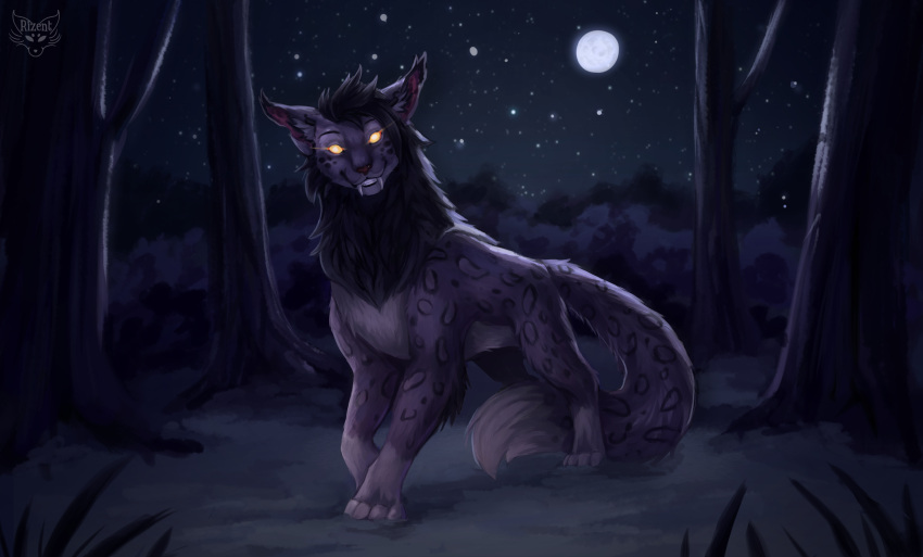 2023 ambiguous_gender anamorphic_lens_flare black_lips black_mane brown_nose detailed_background digitigrade dipstick_tail ear_tuft fangs felid feral forest forest_background full-length_portrait full_moon glowing glowing_eyes grin hi_res inner_ear_fluff leg_markings leopard leopard_spots lips looking_at_viewer mammal mane markings moon nature nature_background night noxik outside pantherine plant portrait rizent sabertooth_(anatomy) side_view sky smile socks_(marking) solo spots star starry_sky tail tail_between_legs tail_markings teeth tree tuft yellow_sclera