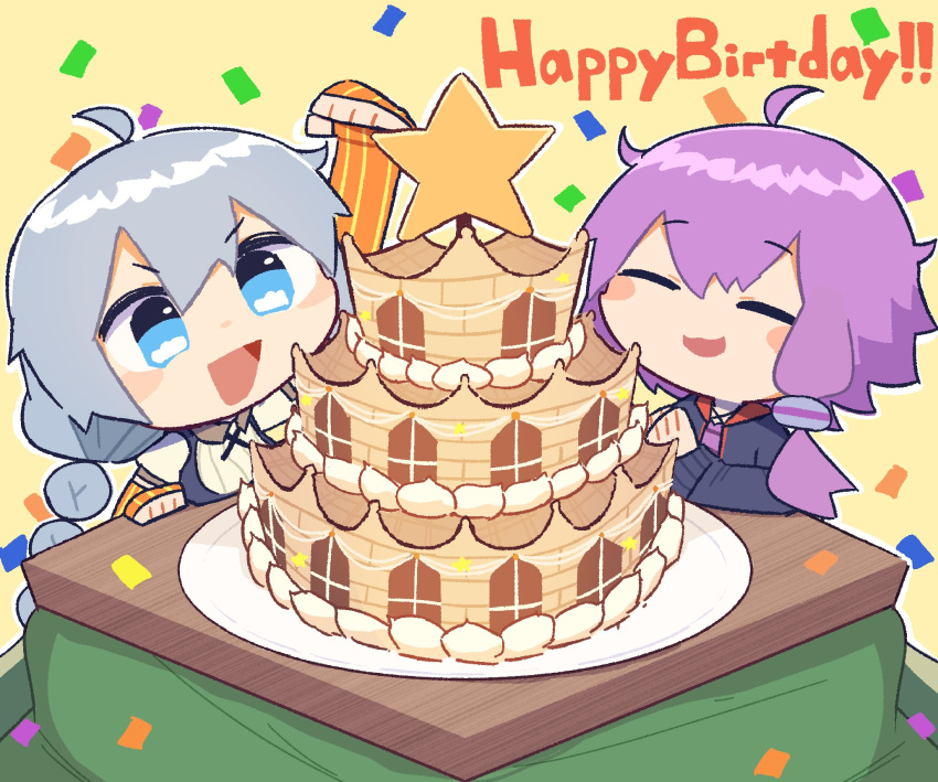 2girls :3 ahoge arm_up birthday birthday_cake black_dress black_hoodie blue_eyes blush_stickers braid breasts cake chibi closed_eyes commentary_request confetti dress fingerless_gloves food gloves grey_hair happy_birthday highres hood hood_down hoodie kizuna_akari konohoshi kotatsu large_breasts layer_cake low_twin_braids multiple_girls open_mouth orange_gloves own_hands_together palms_together pinafore_dress purple_hair raised_eyebrows raised_fist short_hair_with_long_locks sleeveless sleeveless_dress smile star_(symbol) striped striped_gloves table twin_braids two-tone_hoodie under_kotatsu under_table v-shaped_eyebrows vertical-striped_gloves vertical_stripes vocaloid voiceroid yuzuki_yukari