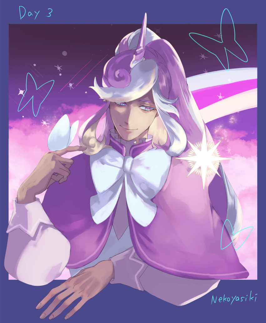 1other androgynous bow bowtie bug butterfly cape capelet closed_mouth cookie_run cream_unicorn_cookie english_text gloves highres humanization long_hair looking_at_viewer multicolored_hair nekoyasiki33 night night_sky personification purple_cape purple_capelet purple_eyes rainbow_hair sky solo unicorn_horn very_long_hair white_gloves
