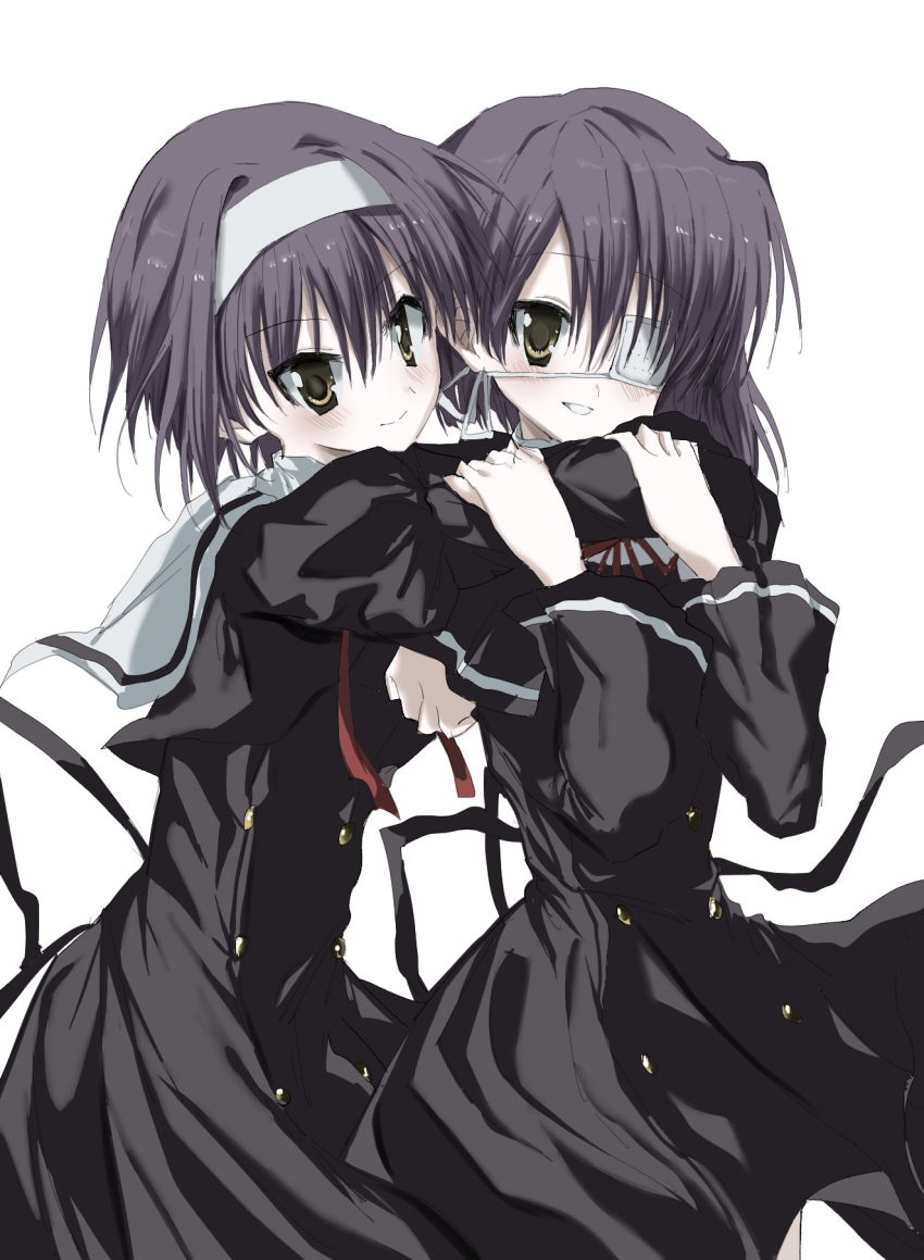 2girls arms_around_neck black_dress blush closed_mouth dress ef eyepatch grey_background hair_between_eyes hairband hand_on_another's_arm hands_up happy highres hug juliet_sleeves long_dress long_sleeves looking_at_viewer medium_hair multiple_girls neck_ribbon one_eye_covered parted_lips puffy_sleeves purple_hair red_ribbon ribbon school_uniform shindou_chihiro shindou_kei_(ef) short_hair siblings side-by-side simple_background sisters smile twins unkogakatasugi white_hairband wide_sleeves yellow_eyes
