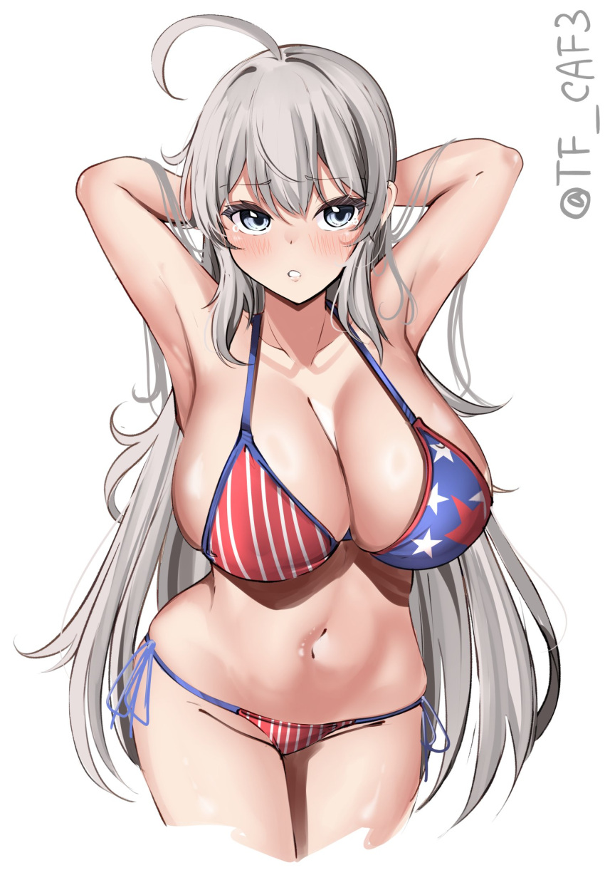 1girl ahoge alternate_costume american_flag american_flag_bikini american_flag_print armpits arms_behind_head bikini blush breasts cleavage collarbone cropped_legs flag_print grey_eyes grey_hair hair_between_eyes highres kantai_collection large_breasts long_hair looking_at_viewer navel one-hour_drawing_challenge parted_lips print_swimsuit side-tie_bikini_bottom solo swimsuit tears tf_cafe twitter_username very_long_hair washington_(kancolle) white_background