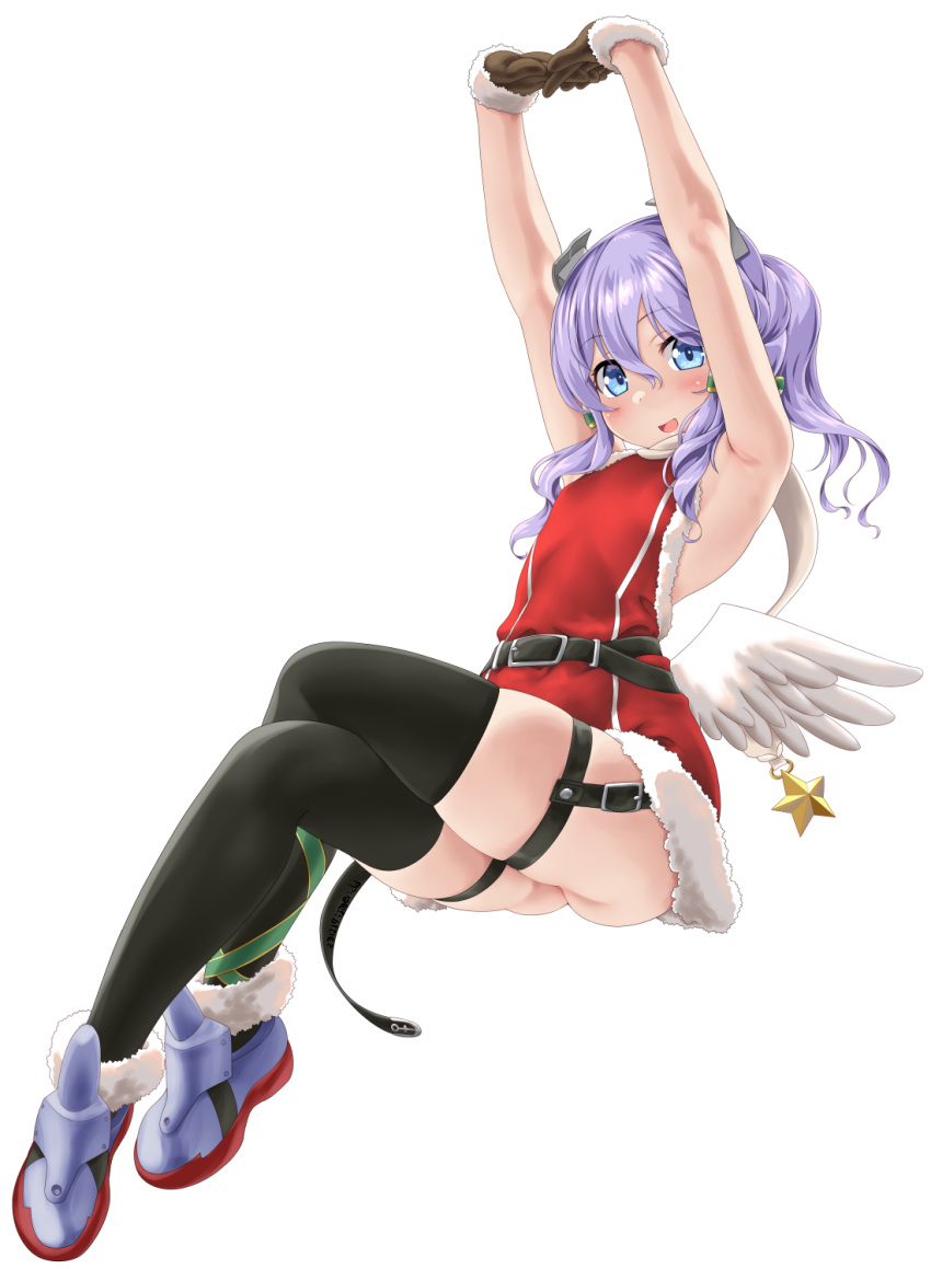 1girl armpits arms_up ass black_thighhighs blue_eyes blush brown_gloves dd_(ijigendd) feathered_wings full_body gloves hair_between_eyes highres kantai_collection langley_(kancolle) looking_at_viewer medium_hair official_alternate_costume open_mouth purple_hair rudder_footwear santa_costume simple_background smile solo thighhighs white_background white_wings wings