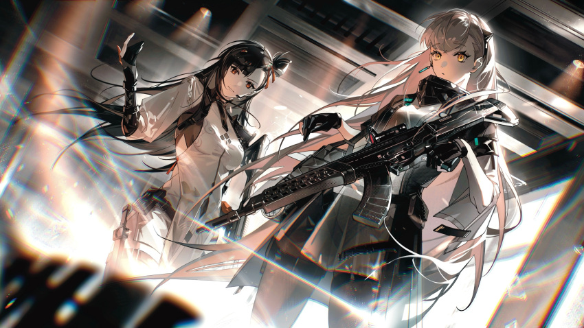 2girls absurdres ak-alfa ak-alfa_(girls'_frontline) assault_rifle black_gloves black_hair breasts chinese_clothes cowboy_shot earpiece earrings girls'_frontline girls'_frontline_2:_exilium gloves grey_hair gun hair_ornament highres holding holding_gun holding_weapon jewelry long_hair looking_at_viewer multiple_girls orange_eyes parted_lips partially_fingerless_gloves qbz-191 qbz-191_(girls'_frontline) rifle single_earring weapon weibo_1965277151