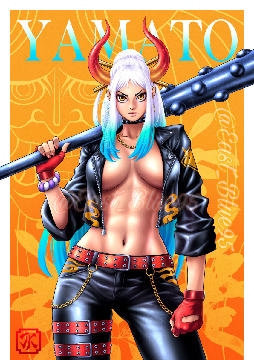 1girl abs alternate_costume belt black_collar black_jacket black_pants bracelet breasts chain_necklace character_name clenched_hand club_(weapon) collar covered_nipples cowboy_shot earrings eastblue_95 fingerless_gloves frown gloves gradient_hair hair_ornament hair_stick highres holding holding_weapon hoop_earrings horns jacket jewelry kanabou large_breasts leather leather_jacket leather_pants long_hair looking_at_viewer multicolored_hair multicolored_horns navel necklace one_piece oni_horns open_clothes orange_background pants pink_nails ponytail red_belt red_gloves rope shimenawa twitter_username weapon white_hair yamato_(one_piece) yellow_eyes
